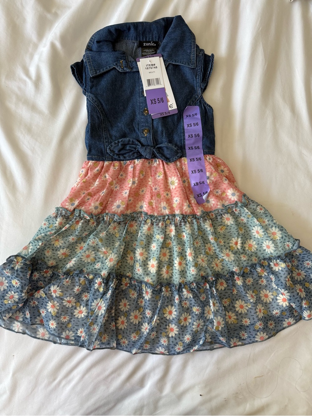 Zunie Floral Tiered Denim-Top Kids Dress